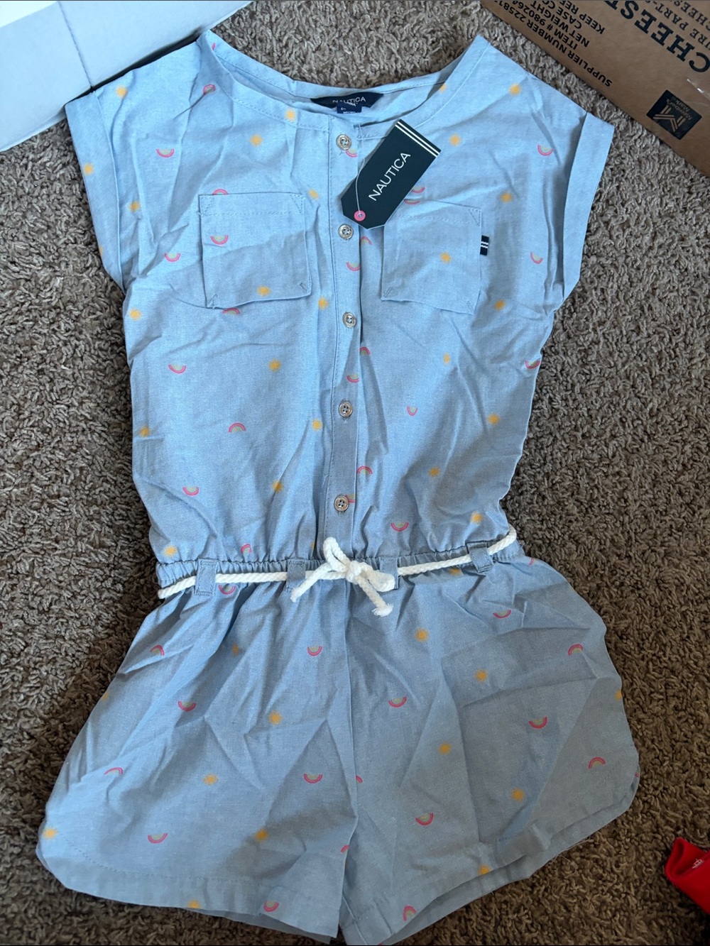 Nautica Light Blue Girls' Printed Romper with Rope Belt